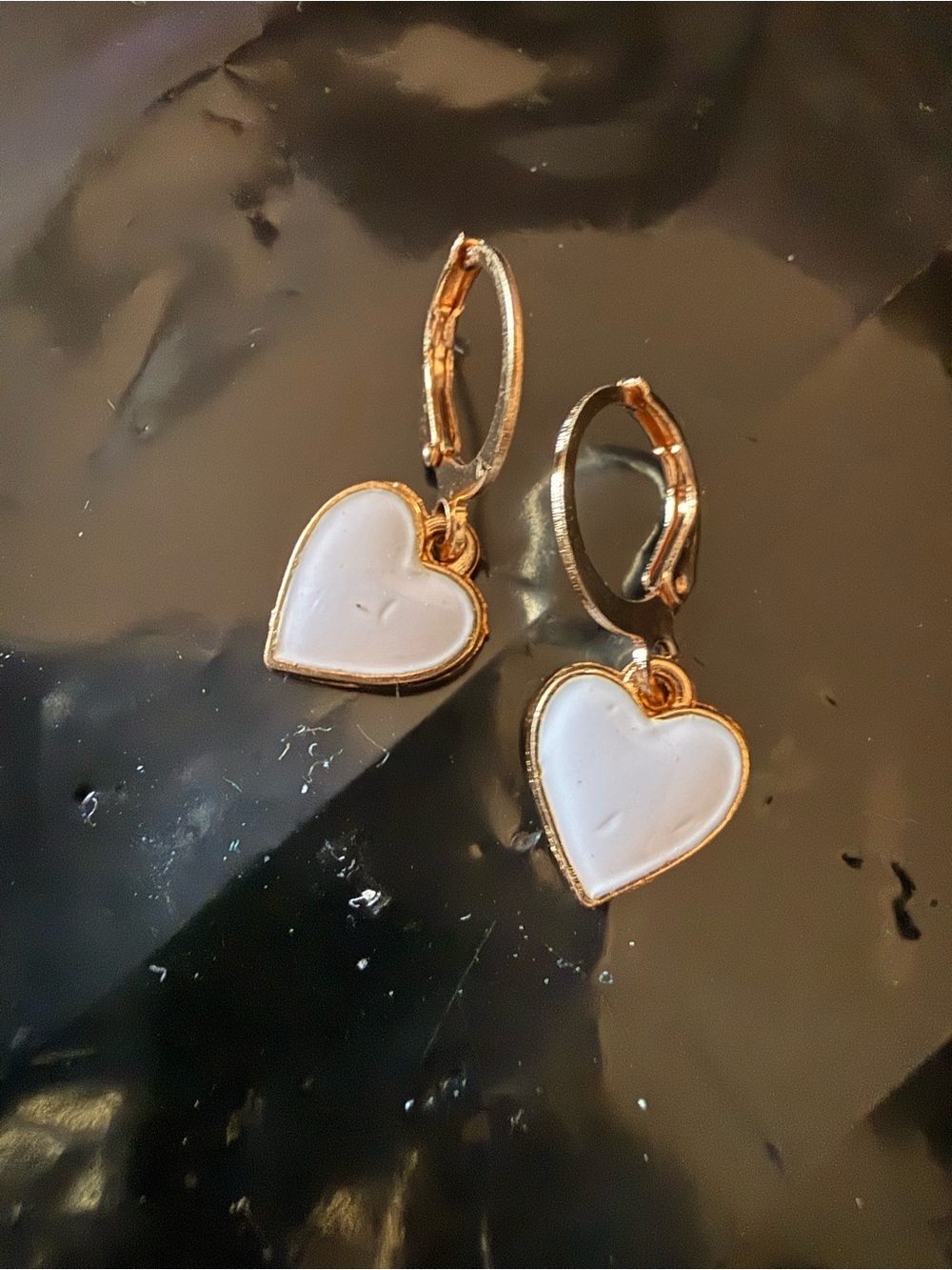 Gold Heart Drop Earrings with White Enamel - Women Jewelry